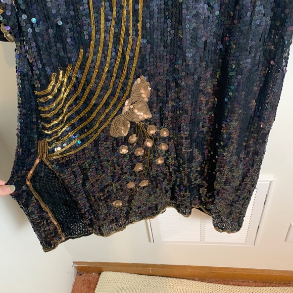 Chloe Silk Black Sequin Flower 3/4 Sleeve Dress Size L - Picture 3 of 11